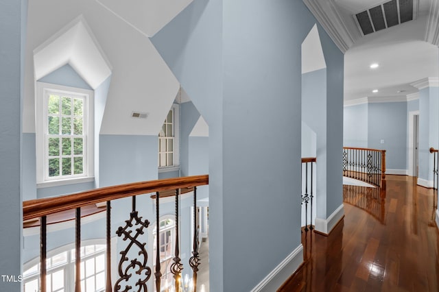 71012 Russell, Chapel Hill, NC 27517 - hallway with an upstairs landing, hardwood / wood-style flooring, baseboards, recessed lighting, and crown molding