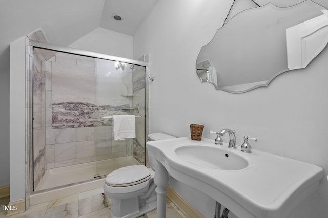 71012 Russell, Chapel Hill, NC 27517 - bathroom featuring toilet, a stall shower, marble finish flooring, and vanity