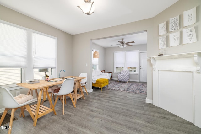 dining space with ceiling fan, hardwood / wood-style floors, and plenty of natural light