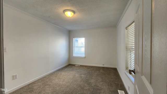 carpeted empty room with crown molding and a textured ceiling