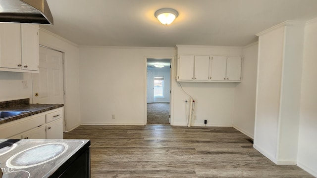 kitchen featuring electric stove, white cabinetry, crown molding, and wood-type flooring