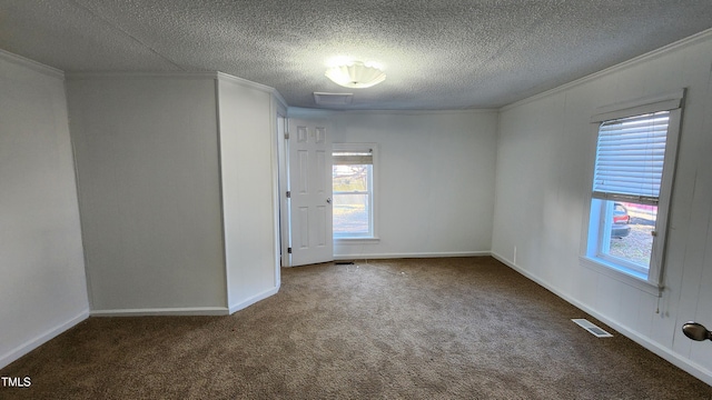 carpeted spare room featuring crown molding and a textured ceiling