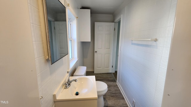 bathroom featuring wood-type flooring, vanity, and toilet