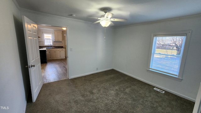 carpeted spare room featuring ceiling fan, ornamental molding, and sink