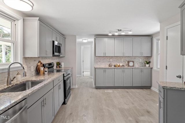 kitchen featuring sink, gray cabinetry, and stainless steel appliances