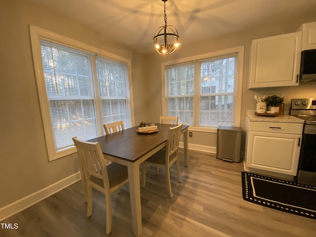 dining room featuring an inviting chandelier, light hardwood / wood-style floors, and a wealth of natural light