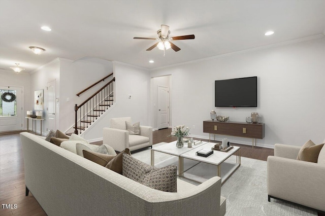 143 Thornbury St, Clayton, NC 27527 - living room featuring stairway, ceiling fan, wood finished floors, ornamental molding, and recessed lighting