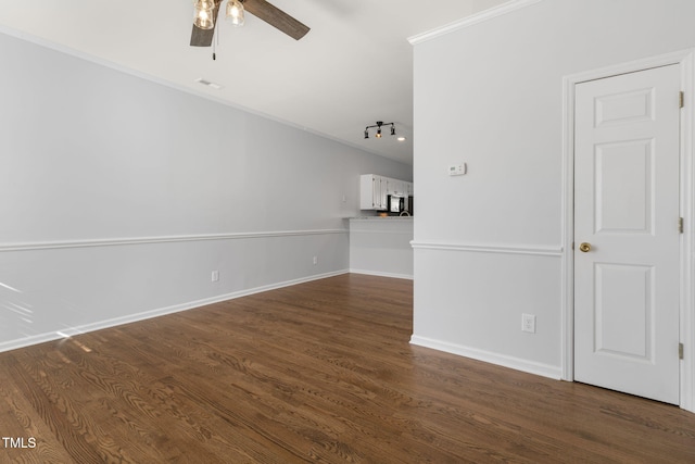 unfurnished living room with vaulted ceiling, ceiling fan, and dark hardwood / wood-style floors