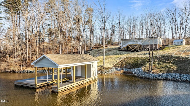 view of dock with a water view