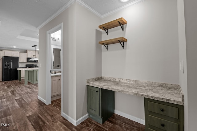 bar with dark wood-type flooring, black fridge with ice dispenser, crown molding, decorative light fixtures, and white cabinets