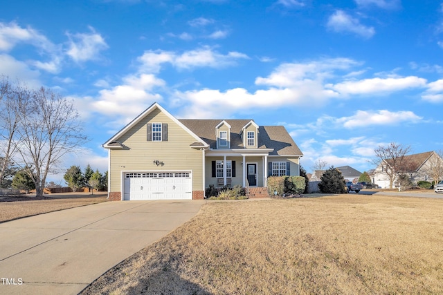 view of front of home featuring a garage, a porch, and a front yard