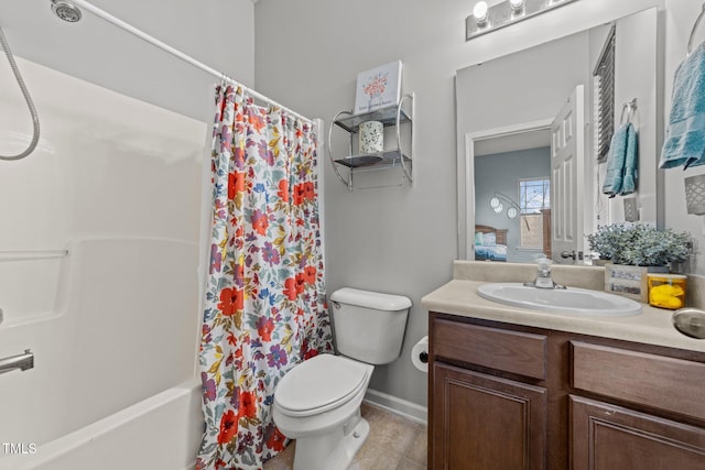 full bathroom with toilet, vanity, and shower / bath combination with curtain