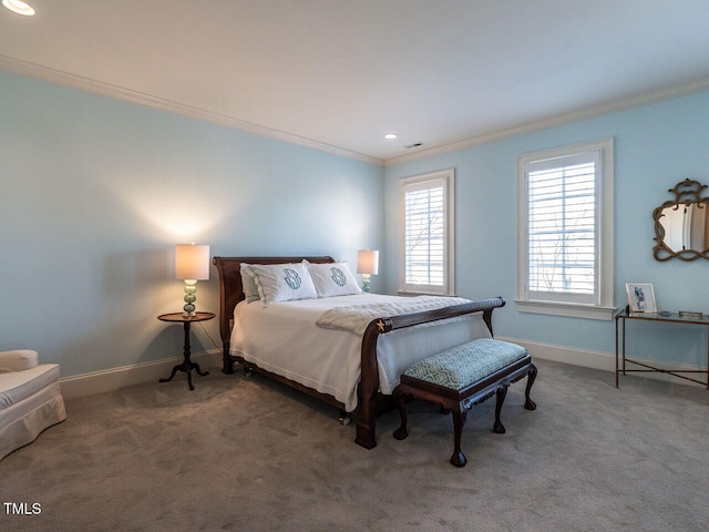 carpeted bedroom featuring ornamental molding