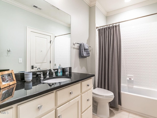 full bathroom featuring tile patterned flooring, vanity, ornamental molding, toilet, and shower / bath combo with shower curtain