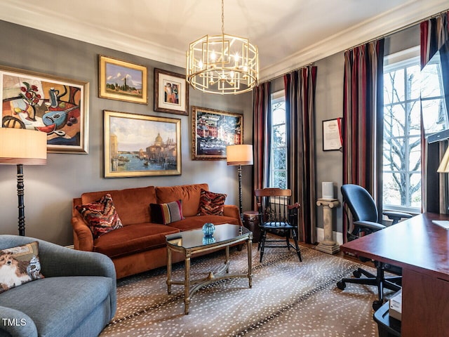 2900 Glenanneve Pl, Raleigh, NC 27608 - office area with a chandelier, ornamental molding, and plenty of natural light