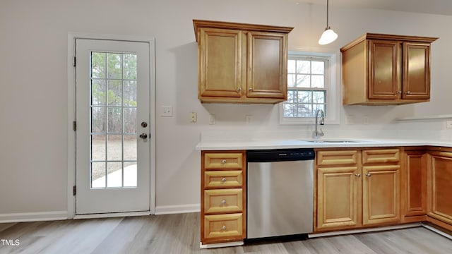 kitchen featuring light wood-type flooring, pendant lighting, plenty of natural light, sink, and stainless steel dishwasher