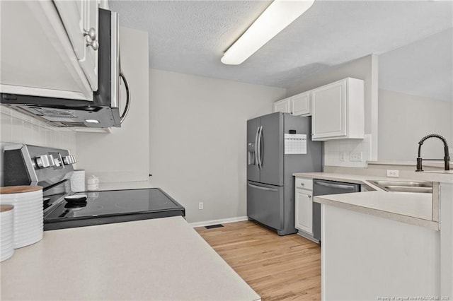 kitchen with sink, white cabinetry, light wood-type flooring, and appliances with stainless steel finishes