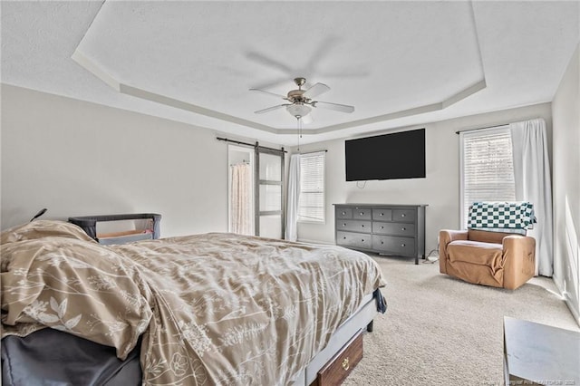 carpeted bedroom with ceiling fan and a tray ceiling