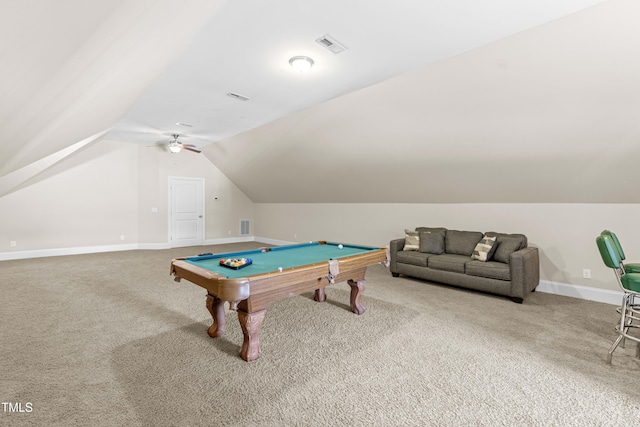 playroom with billiards, lofted ceiling, and carpet