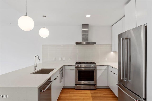 kitchen featuring tasteful backsplash, appliances with stainless steel finishes, a sink, light wood-type flooring, and wall chimney exhaust hood