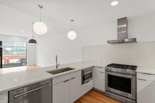 kitchen with wall chimney exhaust hood, appliances with stainless steel finishes, light countertops, and a sink