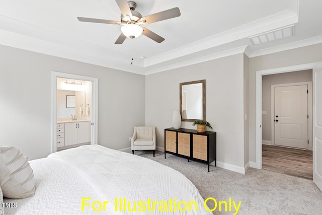 carpeted bedroom with connected bathroom, sink, ornamental molding, ceiling fan, and a tray ceiling