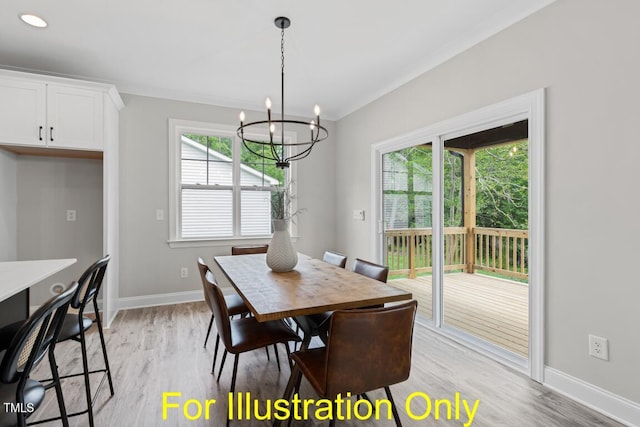 dining room featuring light wood-type flooring and a notable chandelier