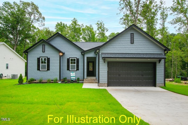 ranch-style house featuring a garage, cooling unit, and a front lawn