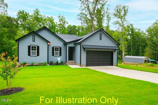 ranch-style house featuring a front yard and a garage