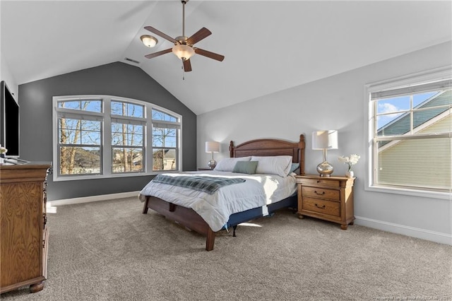 bedroom featuring ceiling fan, carpet floors, and vaulted ceiling