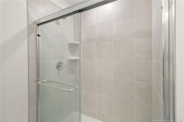 bathroom featuring a shower with shower door