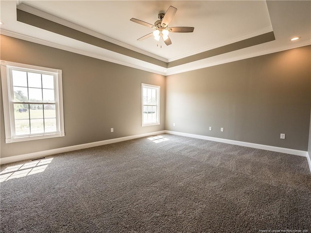 unfurnished room with a raised ceiling, carpet floors, ceiling fan, and crown molding