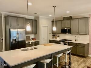 kitchen with decorative light fixtures, light wood-type flooring, appliances with stainless steel finishes, ornamental molding, and sink