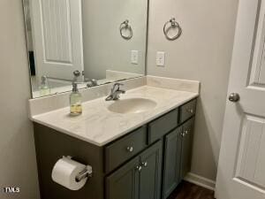 bathroom featuring vanity and hardwood / wood-style flooring