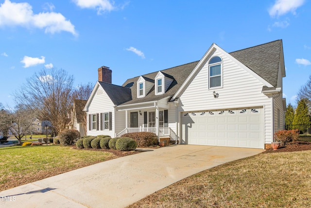 cape cod home with covered porch and a front lawn