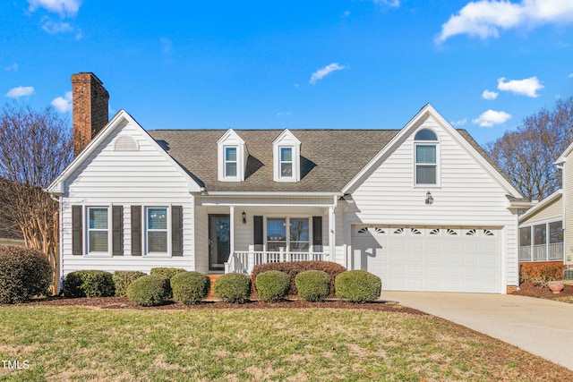 cape cod house featuring covered porch, a garage, and a front yard