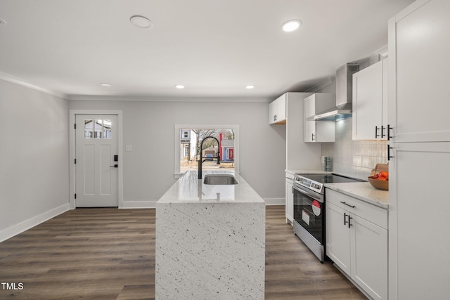 kitchen featuring white cabinets, electric stove, sink, wall chimney range hood, and backsplash