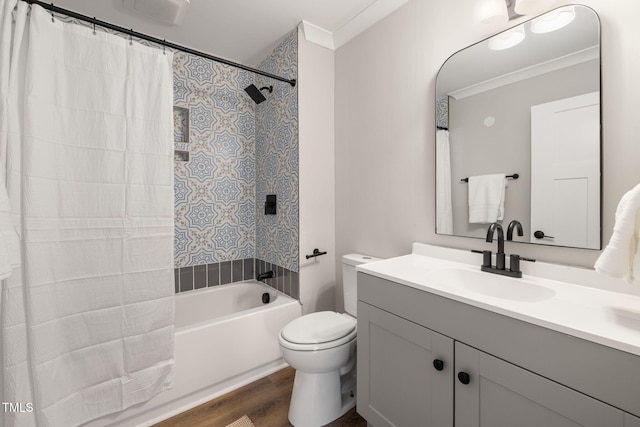 full bathroom with toilet, shower / bathtub combination with curtain, ornamental molding, wood-type flooring, and vanity