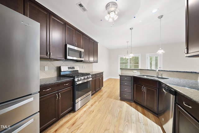 kitchen with visible vents, a sink, decorative backsplash, dark brown cabinets, and appliances with stainless steel finishes