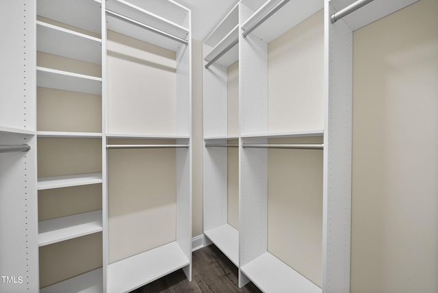 walk in closet with dark wood-style floors