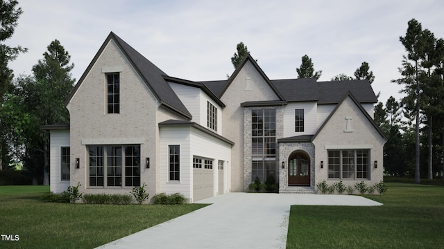 view of front of house with a garage and a front lawn