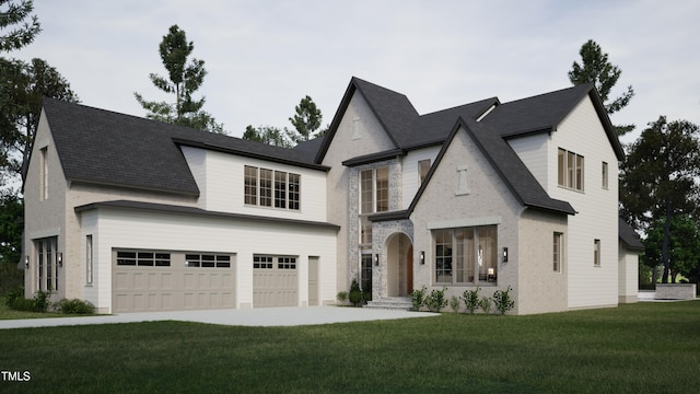 view of front of house with a front yard and a garage