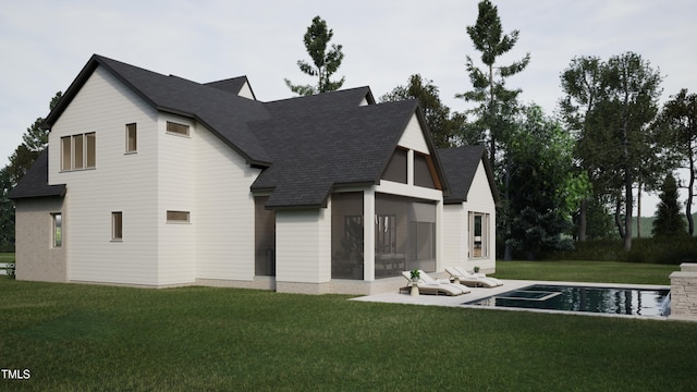 back of property featuring a lawn, a sunroom, and a patio