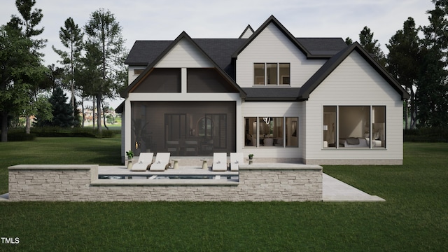 back of house with a sunroom, a lawn, and a patio