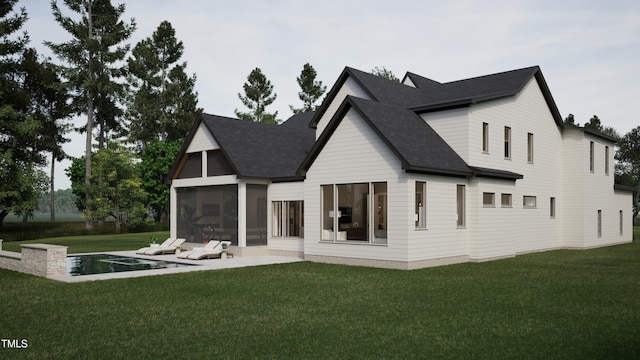 rear view of house with a patio area, a sunroom, and a yard