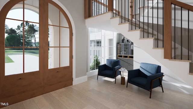 entryway with a wealth of natural light and light hardwood / wood-style flooring