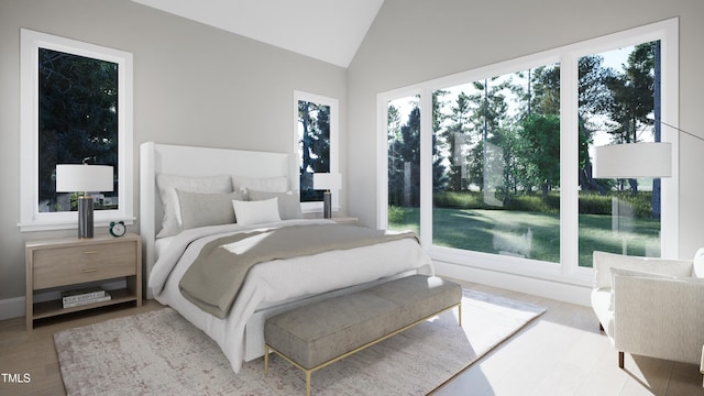 bedroom with light wood-type flooring and high vaulted ceiling