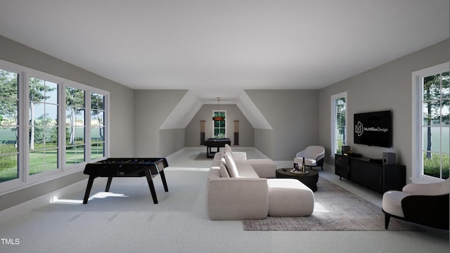 carpeted living room featuring vaulted ceiling