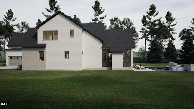 view of side of property featuring a garage and a yard