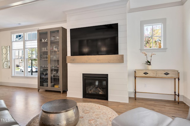 living room featuring a large fireplace, ornamental molding, and plenty of natural light